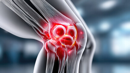 Human leg showing skeletal knee joint glowing orange, representing various medical conditions like pain, injury, inflammation, and diseases such as arthritis or osteoporosis