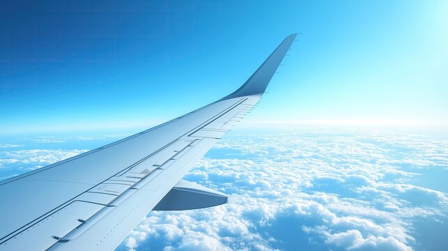 An airplane wing flying above the clouds against a blue sky background, representing the concept of air travel and journey - Powered by Adobe