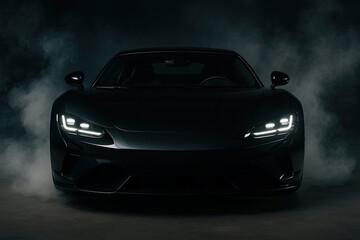 Elegant black supercar with sleek design and dramatic lighting in a moody atmosphere