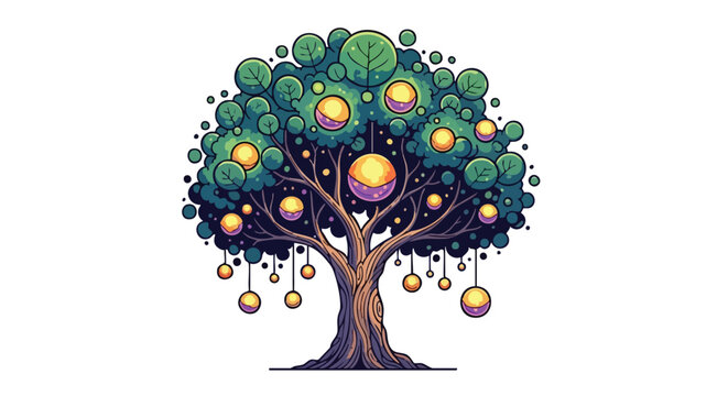 Whimsical tree illustration adorned with glowing orbs, evoking a sense of enchanted wonder and magical realism, isolated on a white backdrop