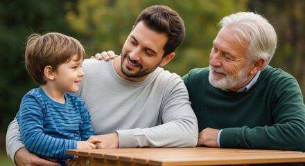 Three generations of happy men, grandfather, father, and young son, share an authentic bonding moment outdoors, representing true family connection and warmth