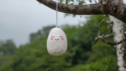Rain-soaked doll hanging from a tree branch, crafted from white fabric with a smiling face and pink blush, used as a traditional luck charm, Earth Day
