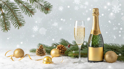 Sparkling champagne bottle and flute with gold baubles and wintry evergreen on snowy surface