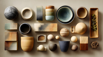 Simple ceramic objects arranged neatly on neutral background representing focus 