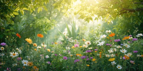 Garden flowers arranged in a vibrant display, suitable as a calming background for text or design projects