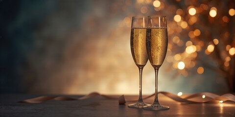 Celebratory New Year's Eve scene with champagne glasses and party atmosphere, holiday greeting card design