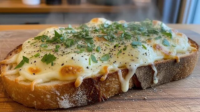 A delicious, freshly prepared slice of golden-brown artisan bread is generously topped with bubbling, melted cheese and sprinkled with fresh green herbs and ground black pepper. Steam gently rises fro