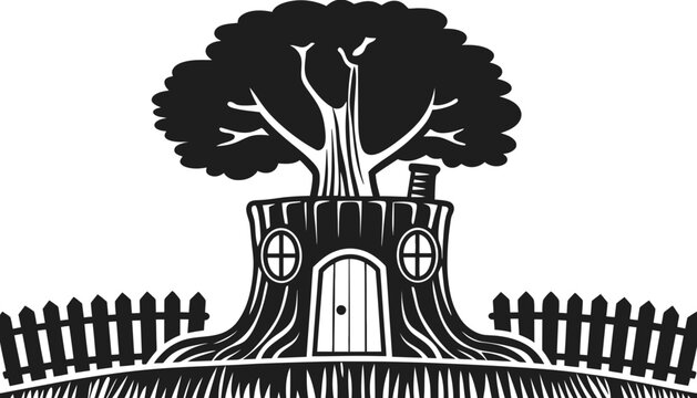 A black and white drawing of a treehouse with a fence in the foreground