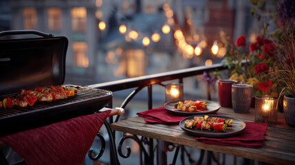 Small city balcony with barbecue grill, grilled skewers, outdoor dining table, candles, and potted flowers during an evening with string lights in the background.