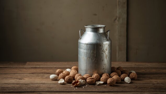 Walnuts and an old aluminum milk can on a wooden background, used as a rustic kitchen decor element