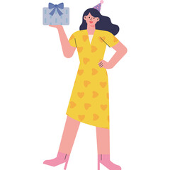 Celebration Woman In Yellow Heart Dress Holding Gift Box And Wearing Party Hat With Pink Heels Isolated On White Background