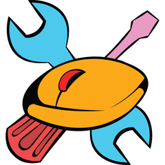 Cartoonish illustration of a stylized orange oval shape with a red eye symbol combined with a light blue wrench and a pink screwdriver on a transparent background representing tools and repair