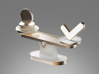 3D icon of a balance scale with stacked coins on one side and a check mark on the other, symbolizing cost–benefit analysis, pricing decisions and financial evaluation. © Kirill