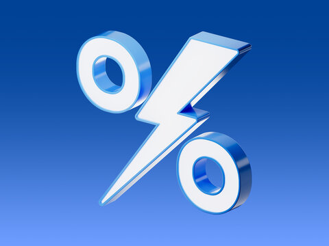 3D icon of a percentage symbol combined with a lightning bolt, representing fast discounts, dynamic interest rates, rapid price changes and financial boosts.