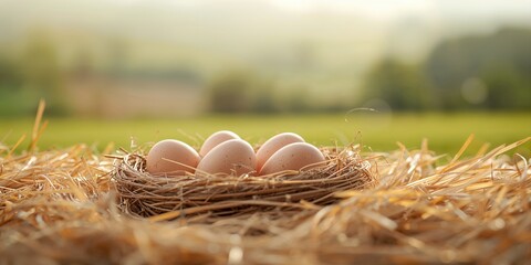 Chicken eggs in nest, rural setting emphasizing natural incubation processes, World Egg Day