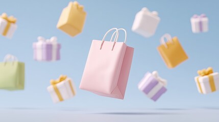 Presents: scattered colorful gifts and gift bags