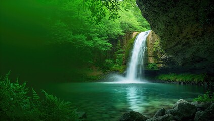 Waterfall flowing through lush green forest, emphasizing natural erosion risk