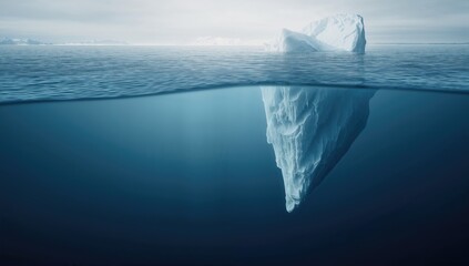 Underwater view of a large iceberg with a concealed mountain beneath the sea surface, emphasizing hidden dangers and creative ideas, Earth Day