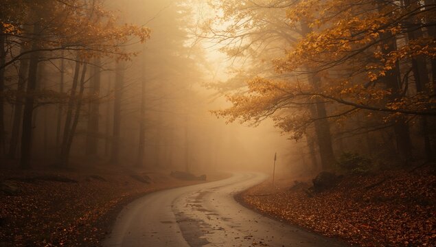 Road through a golden forest with fog and warm light, suitable for landscape backgrounds and seasonal themes