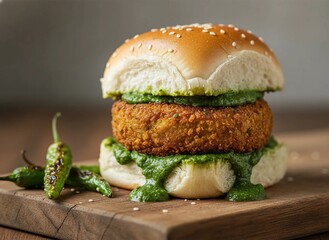 Delicious crispy street-style Vada Pav burger with chutney and fried chilies served on a wooden board for authentic Indian snack lovers