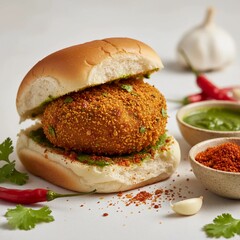 Authentic Indian Vada Pav with spicy red chutney and green sauce served with garlic and chili for traditional street food lovers