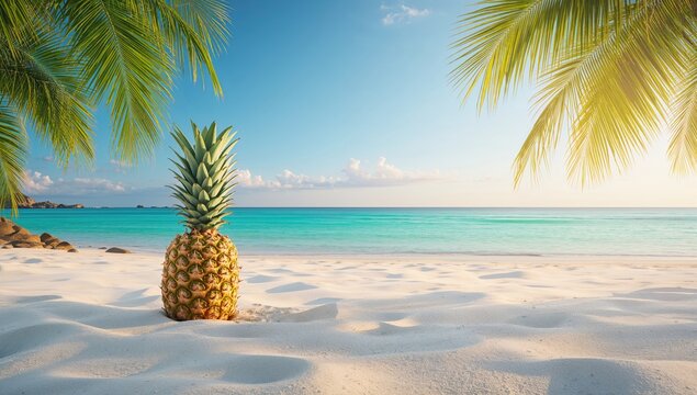 Pineapple resting on sandy shore, tropical relaxation theme