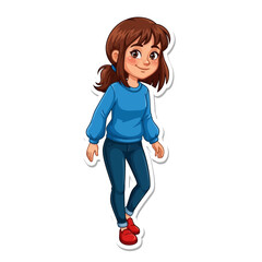 Smiling cartoon girl in blue sweater and jeans isolated on, a charming illustration for childrens content