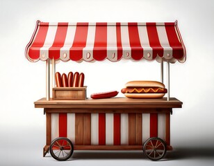 Obraz premium Sausage is displayed on a wooden hot dog stand with a canopy patterned in red and white.