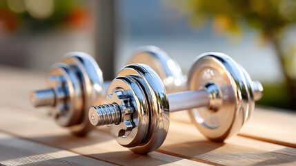 Adjustable dumbbells on a wooden gym floor with sunlight reflection