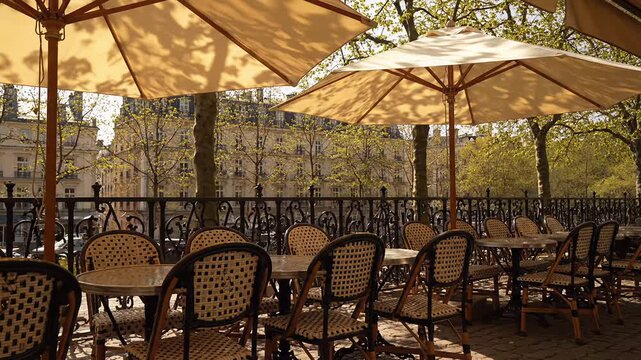 Outdoor cafe with empty chairs and umbrellas on a sunny day  