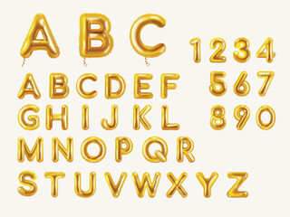 Golden balloon alphabet. Realistic balloons font, gold foil letters helium inflated ballon english text for birthday anniversary party celebration, baloon exact vector illustration