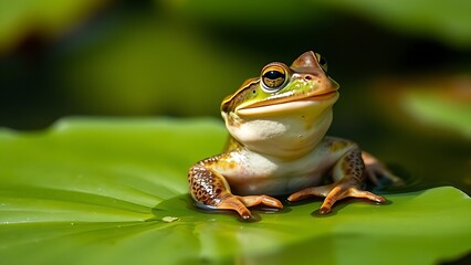 Fototapeta premium sac. Close-up of a frog with inflated vocal sac on a lily pad in a pond. wildlife magazines, conservation campaigns, designed for nature documentaries and education, supports conservation.