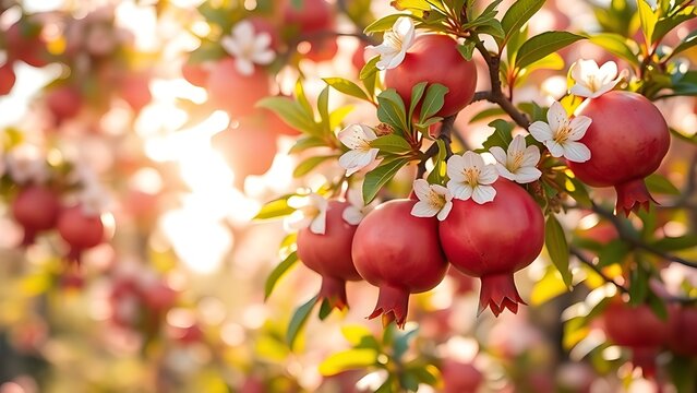 return. Pomegranate tree blooming in spring sunlight, symbolic of seasonal return. gardening catalogs, home-decor guides, designed for home decor and floral branding, used by web designers.