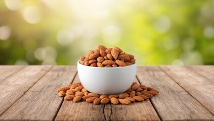 Almonds in a white bowl on table, emphasizing healthy snack options, Earth Day