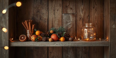 Vintage wooden background with Christmas decor featuring cinnamon sticks and dried citrus for seasonal ambiance, holiday observance