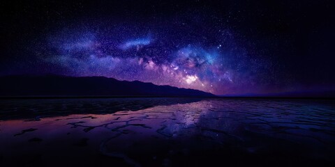 Fototapeta premium Night sky and water reflection with mountains and stars landscape illustration