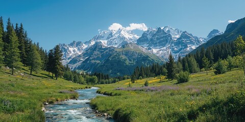 Swiss Alps landscape with lush greenery and mountain peaks, ideal for adventure travel backgrounds