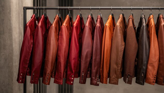 Colored leather jackets hanging on rack, suitable for fashion display or retail environment