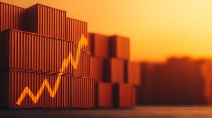 International shipping port with cargo containers and export growth graph overlay, rear-angle silhouette worker. 