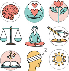 Mental health wellness habits icons set