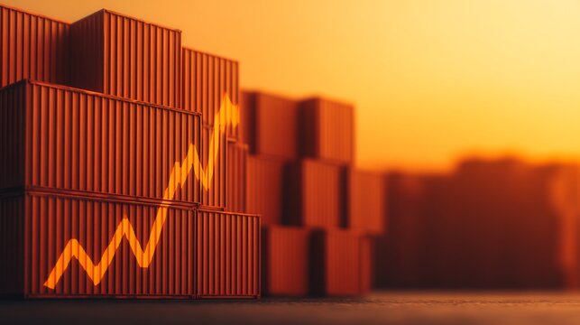 International shipping port with cargo containers and export growth graph overlay, rear-angle silhouette worker.