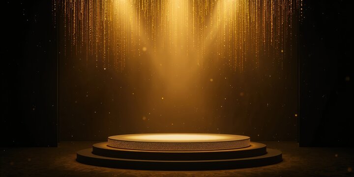 Golden stage with shining lights used as a background for awards ceremonies, emphasizing elegance and modern design
