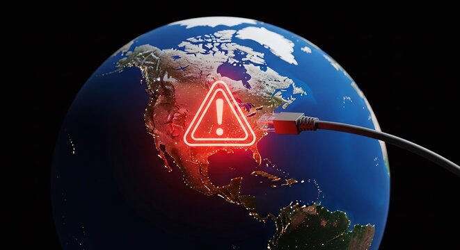 A glowing red warning sign over north america on a globe with a power cable plugged in, symbolizing a potential energy crisis or internet outage