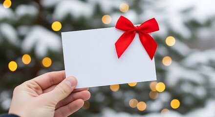 Hand holding a blank white card note with red ribbon bow for christmas lights, offering new year ample copy space for holiday messages.