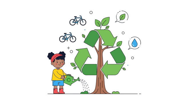 Girl watering a recycling tree promoting environmental conservation and sustainability.