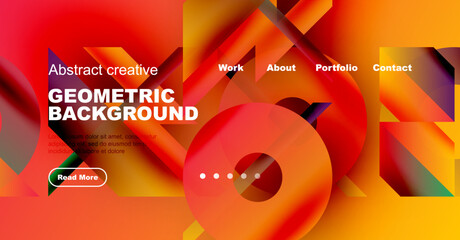 Modern website header design. Vibrant colors, geometric shapes, text overlays present portfolio information. Clean, dynamic visual style.