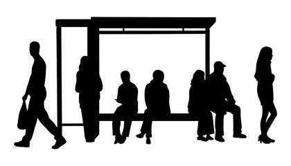 Black and white bus stop silhouette with waiting passengers