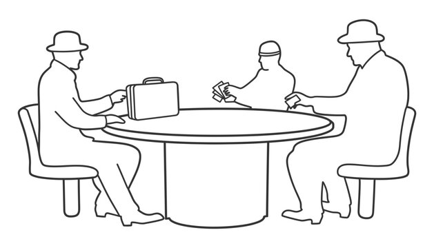 Outline drawing of men playing poker with briefcase on table