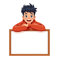 Smiling boy in orange hoodie leaning on a blank wooden frame isolated on perfect for adding your own message