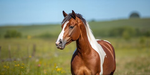 Portrait of a brown and white horse, emphasizing its coat pattern and stance, suitable for equine identification.